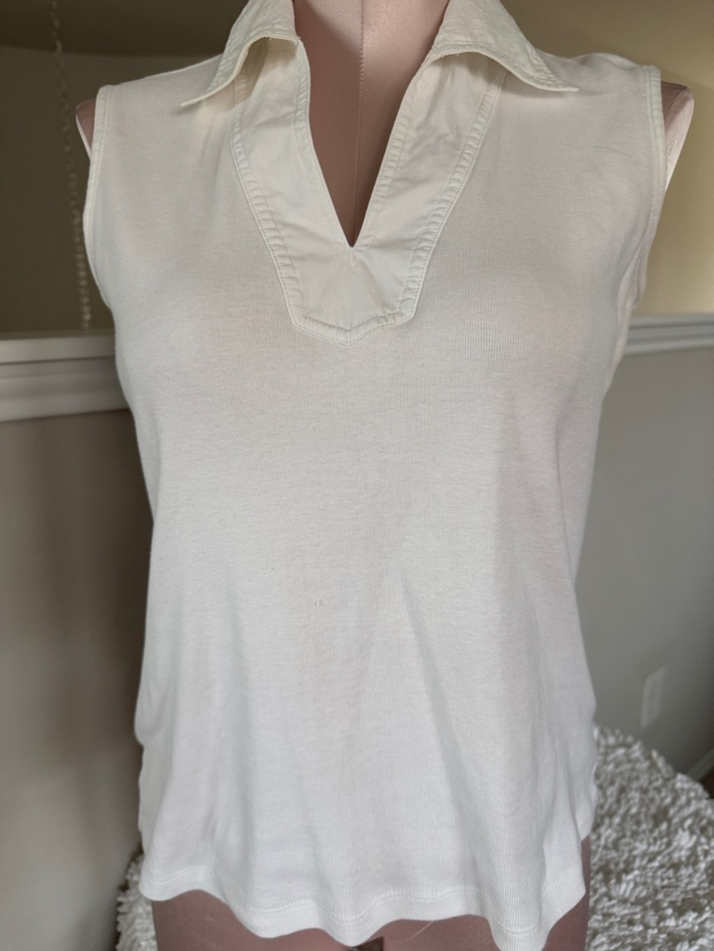 Rafaella White Sleeveless Polo Tank with V-Notch Collar